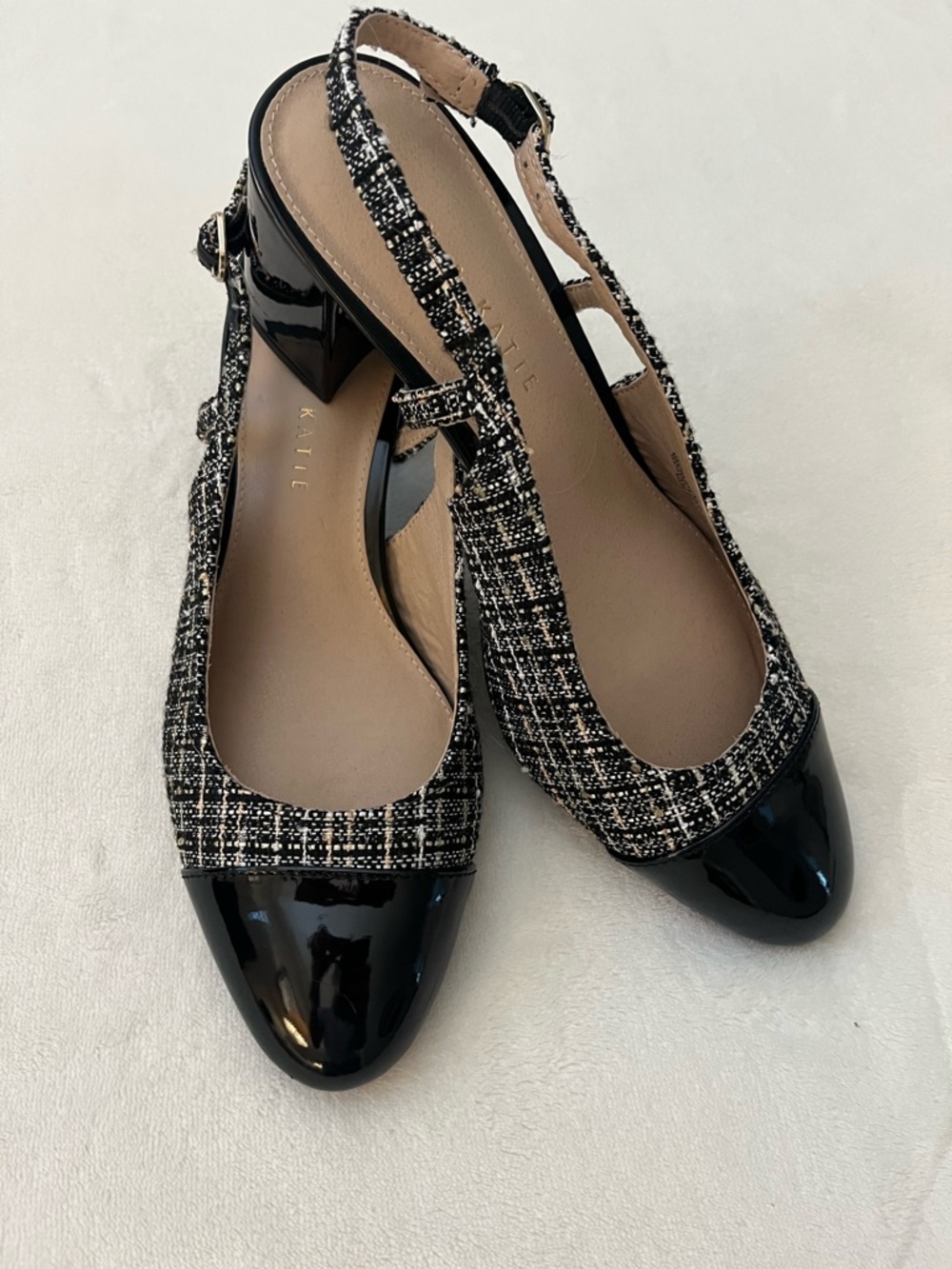 Kelly & Katie black and white plaid sling back cap toe heels